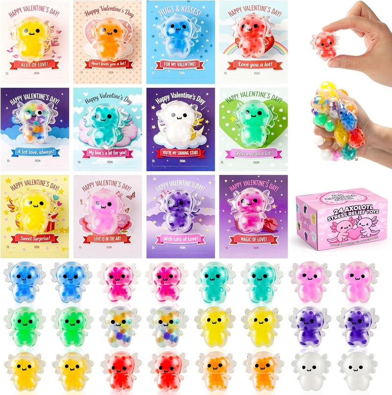 24 Pcs Valentine’s Day Gifts for Kids, Axolotl Stress Ball Fidget Toys with Valentine Cards, Squishy Relief Balls Bulk, School Classroom Exchange Party Favors