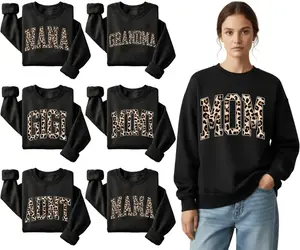 Custom Leopard Print Mama Sweatshirt, Personalized Mother's Day Gift, Black Crewneck for Mom Nana Gigi Mimi Granny Auntie, Retro Varsity Letter Pullover, Trendy Cheetah Print Gift for New Mom