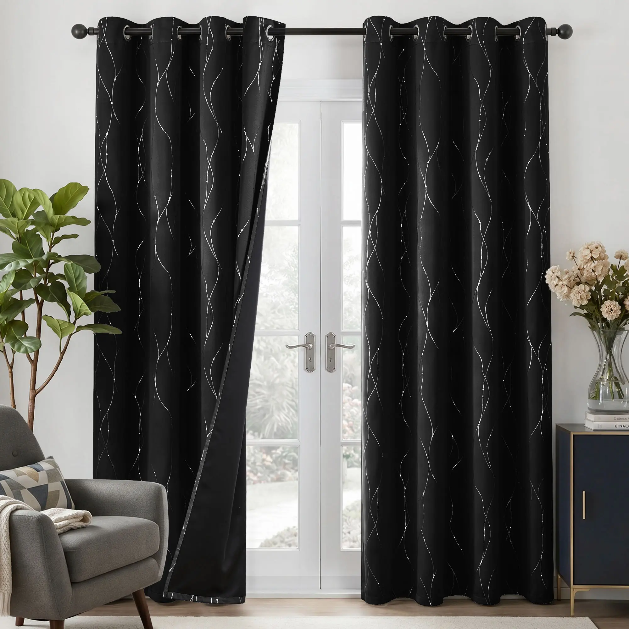 Deconovo 2-Panel Total Blackout Soundproof Darkening Curtains, Silver Wave Dots Foil Print, Black Backing Liner, Thermal Insulated Grommet Top Privacy Focus Window Drapes for Living Room, Bedroom