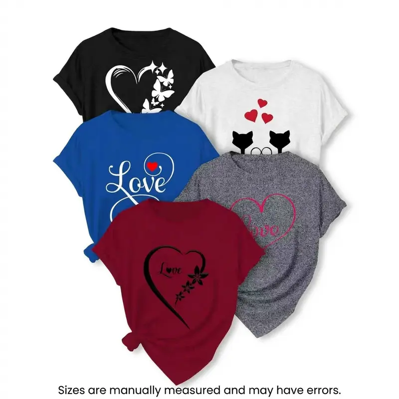 Women's 5-Piece Fitted Heart & Love Print Shortsleeve Tshirt, Casual Comfort Crewneck Streetwear Summer Tops for Lady; Note: Manual measurement may cause slight size error