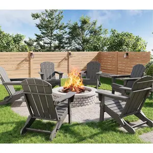 Folding Adirondack Chairs Set of 6, HDPE Plastic Outdoor Chairs with Wood Texture - 380 LBS & Weather Resistant for Fire Pit, Deck, Patio, Pool, Backyard - Gray