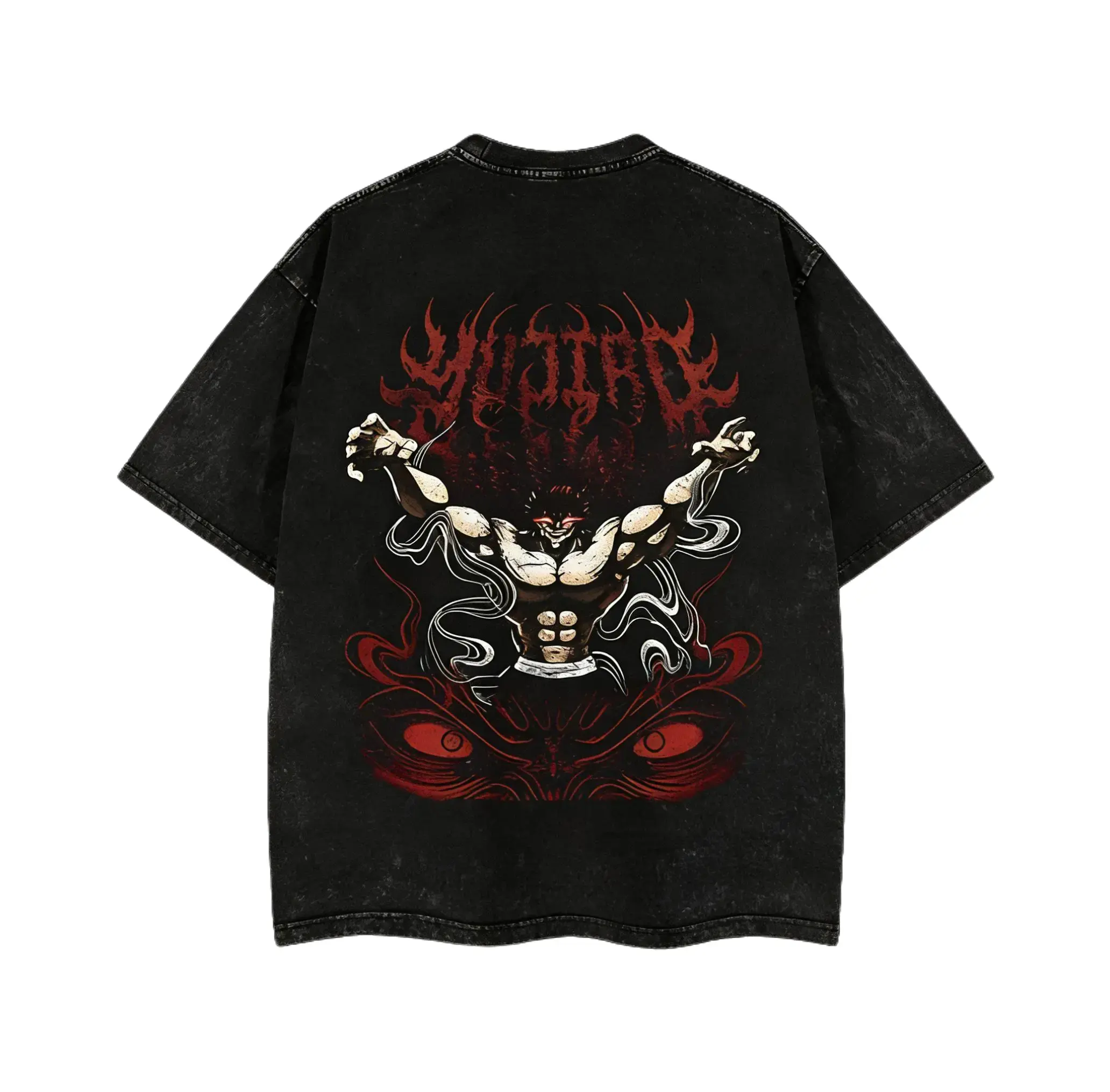 Men's Vintage Anime Graphic Streetwear Top, 100% Cotton Washed Fabric, Relaxed Oversized-Baggy Loose Fit, Distressed Short-Sleeve, Festive T-Shirt, Menswear, Crew Neck, Round Neck, Distressed Print, Shortsleeve, Casual, Tshirt, Vintage Retro, Short-Sleeve