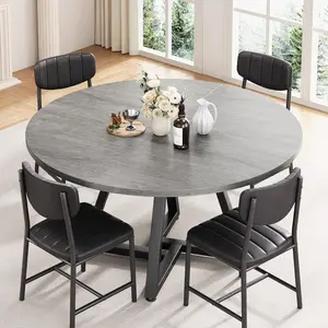 Round Kitchen Dining Room Table Circle Dining Dinner Table with Pedestal Metal Frame, Space Saving Wood Industrial Furniture for Small Space (Grey, 47IN)