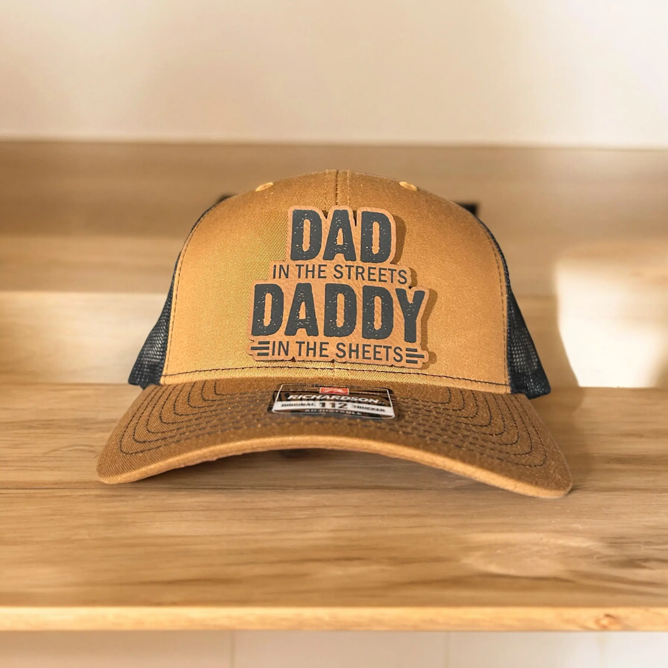 Richardson Custom Hat with "DAD" & "DADDY" Text, Leather Patch, Yellow Color, Perfect Gift for Dad, Ideal for Any Occasion