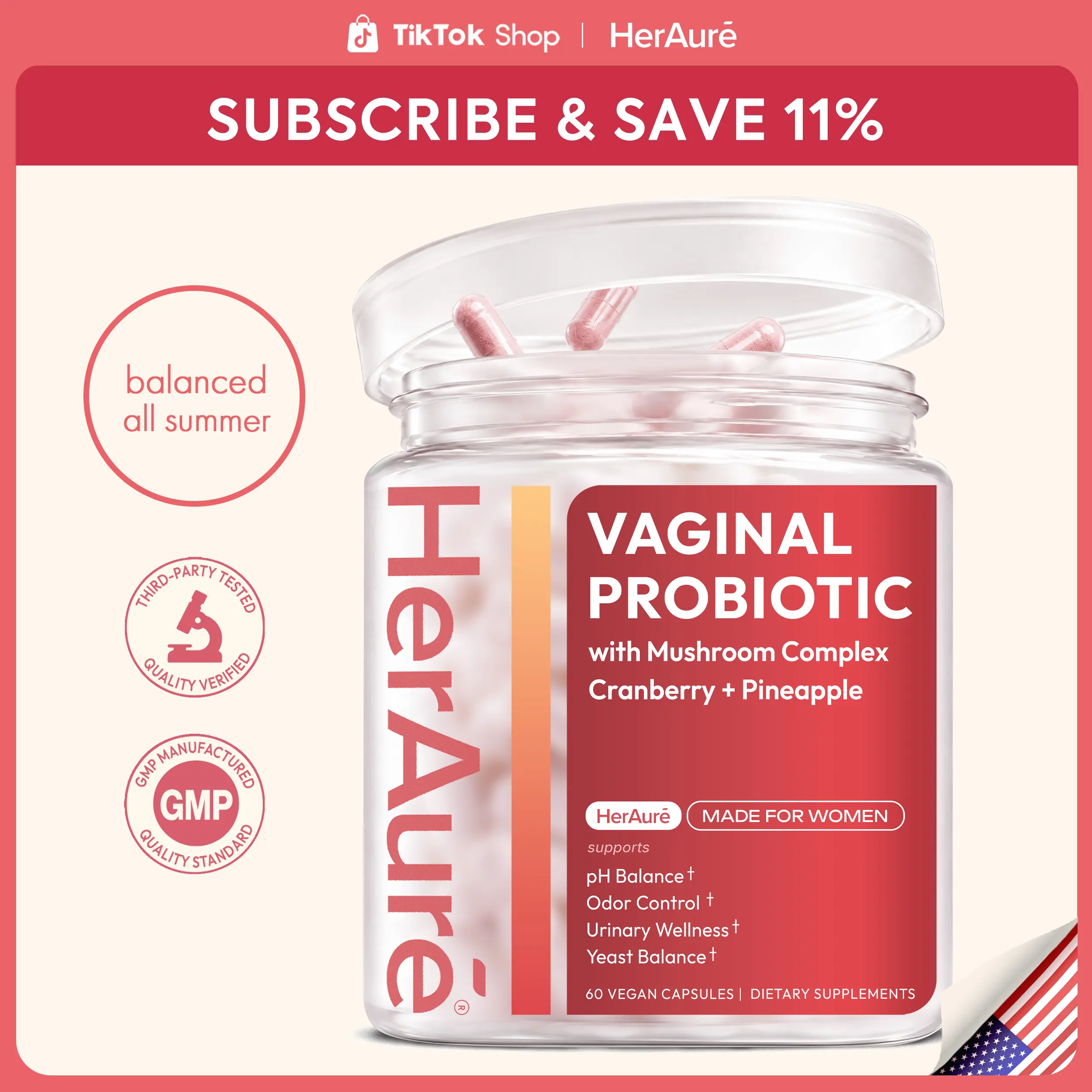 HerAuré Women’s Probiotics - pH Balance, Odor Control, Flora Health - 7 Billion CFU Probiotic, Prebiotic, 7-in-1 Mushroom Blend, Cranberry, Pineapple - 60 Capsules, Self-Care Gift, beach essentials   #sohochic #backtoschool