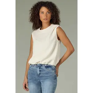 Pleated Drop Shoulder Sleeve Round Neck Bubble Hem Knit Top