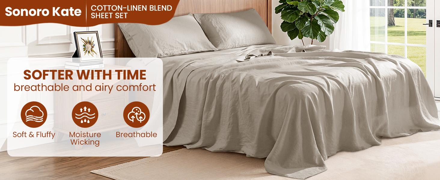 Sonoro Kate Premium Linen Cotton Sheets 4 Piece Queen Set with Rustic Texture Hotel-Level Breathable & Cooling for Ultimate Relaxing Sleep