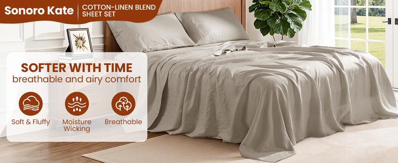 Sonoro Kate Premium Linen Cotton Sheets 4 Piece Queen Set with Rustic Texture Hotel-Level Breathable & Cooling for Ultimate Relaxing Sleep Sonoro Kate Premium Linen Cotton Sheets 4 Piece Queen Set with Rustic Texture Hotel-Level Breathable & Cooling for Ultimate Relaxing Sleep