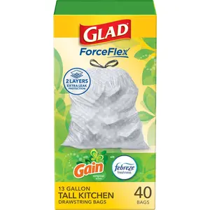 Glad 13 Gal. ForceFlex Tall Kitchen Drawstring Gain Original with Febreze Trash Bags -40-Count (1/2/3-Pack)