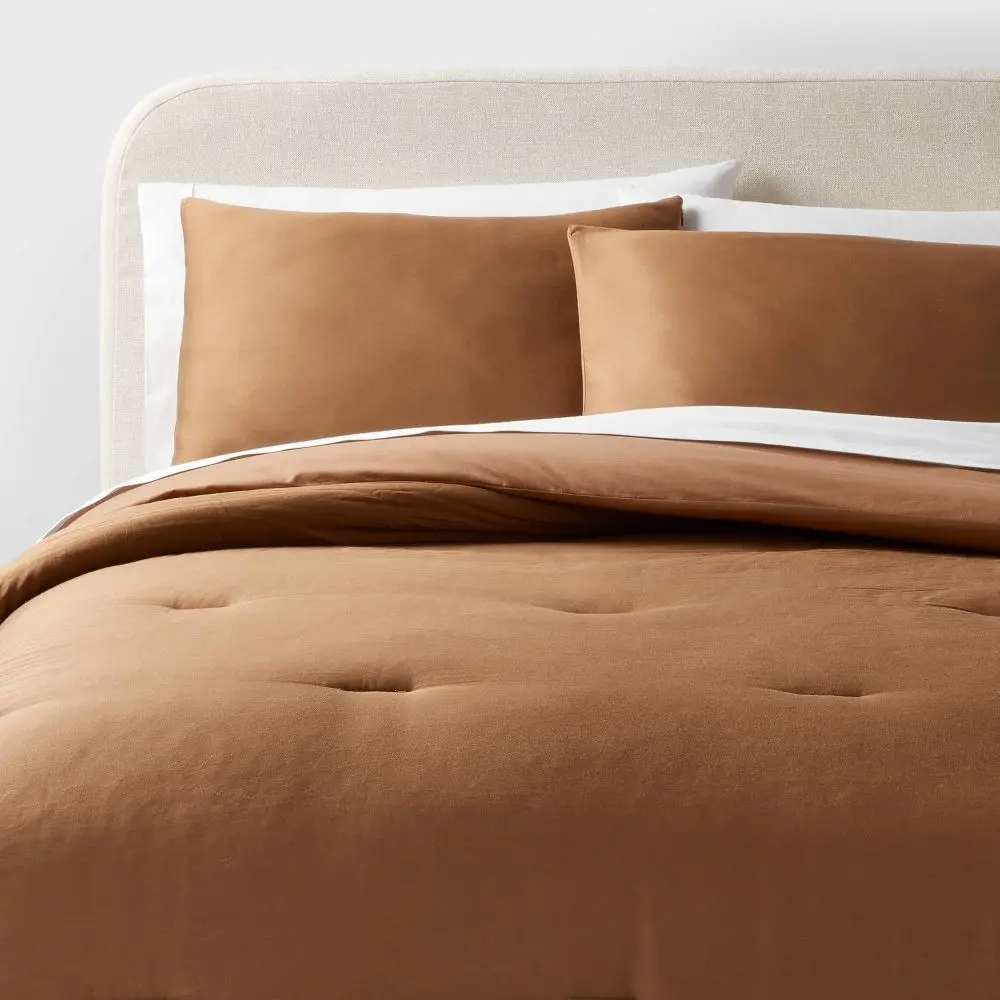 Full/Queen Washed Cotton Sateen Comforter and Sham Set Light Brown - Threshold: OEKO-TEX Certified 250 Thread Count Zipper Closure