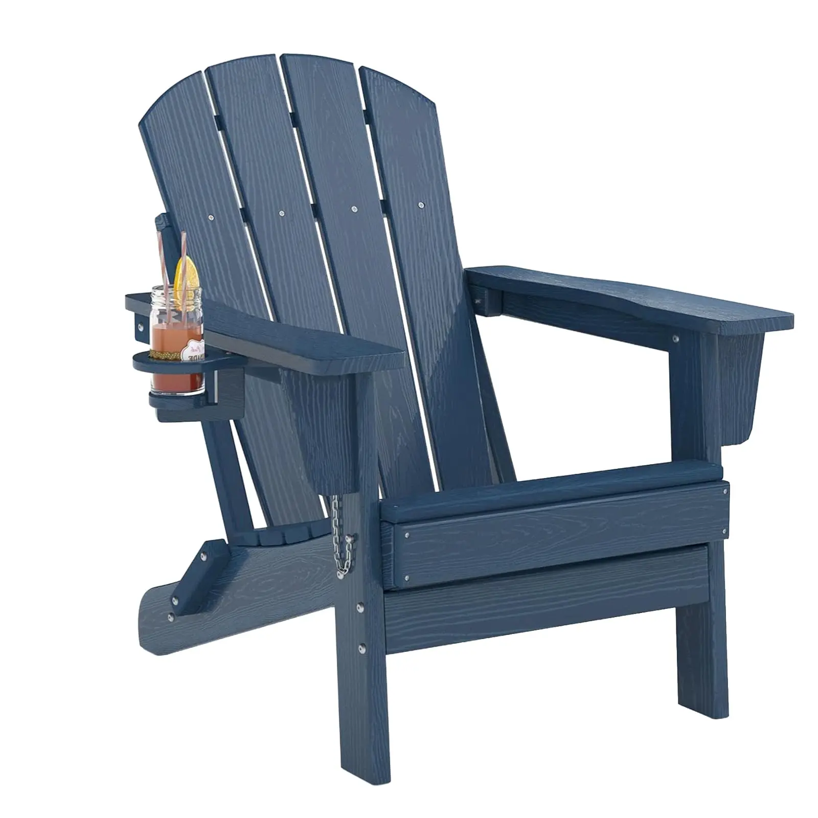Garvee Folding Adirondack Chair in Navy Blue - Durable HDPE Outdoor Patio Chair with Cup Holder, All-Weather Resistant Wooden Texture, Perfect for Backyard, Lawn, Garden, and Fire Pit Areas, Easy to Assemble