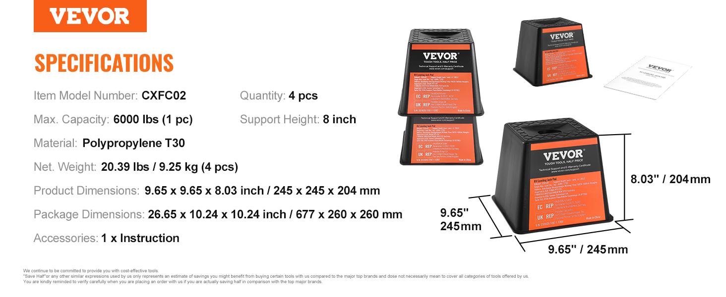 VEVOR Trailer Jack Block,  6000 lbs Capacity per RV Leveling Block, High-quality Polypropylene RV Camper Stabilizer Blocks, RV Travel Accessories Use for Any Tongue Jack, Post, Foot, 5th Wheels, 4-Pack