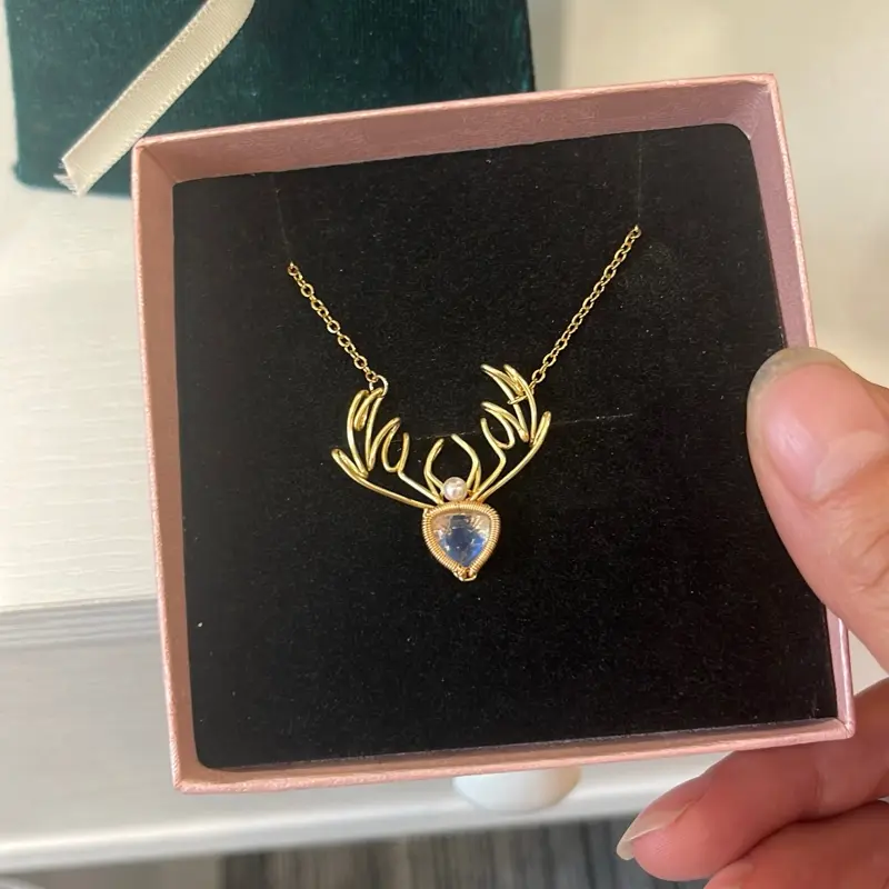 Natural Moonstone Golden Plated Necklace with Deer Antler Design in Elegant Gift Box