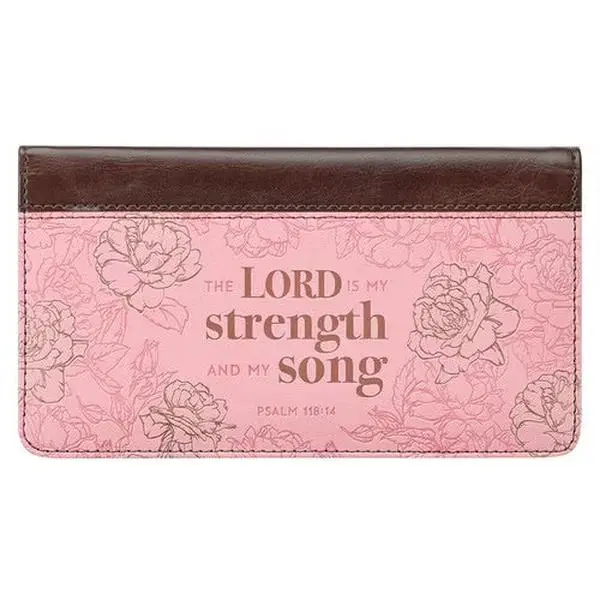 Faux Leather Checkbook Cover with Pen Holder, 6.9x3.7" Size, Card Slots, Pink Rose Outline, Psalm 118:14 Scripture Quote - "My Strength and My Song" Office Stationery Accessory