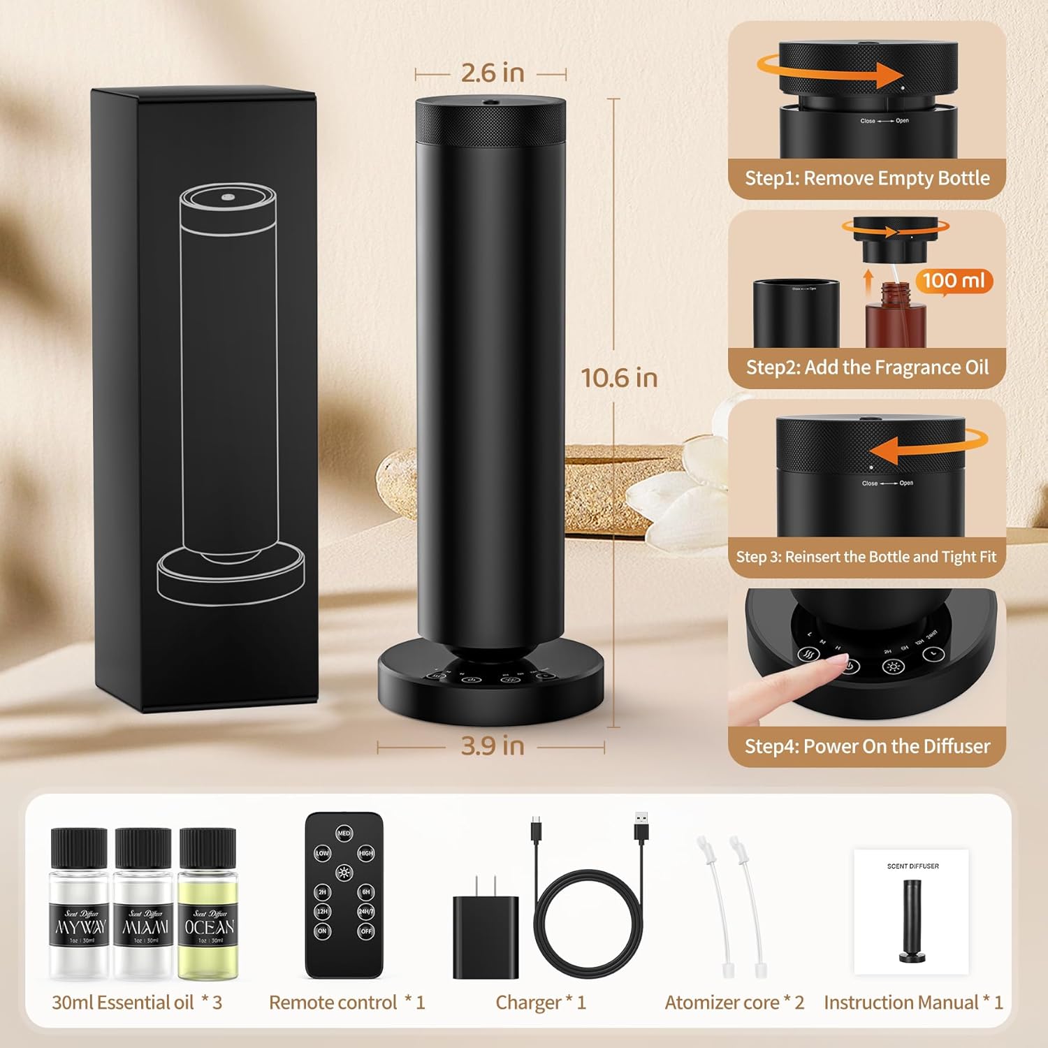 1000sqft Cordless Aroma Diffuser Tall with Night Light Cold-Air Technology Touch Control Rechargeable Battery Natural Oil Diffuser Great Gift for Friend's New Home