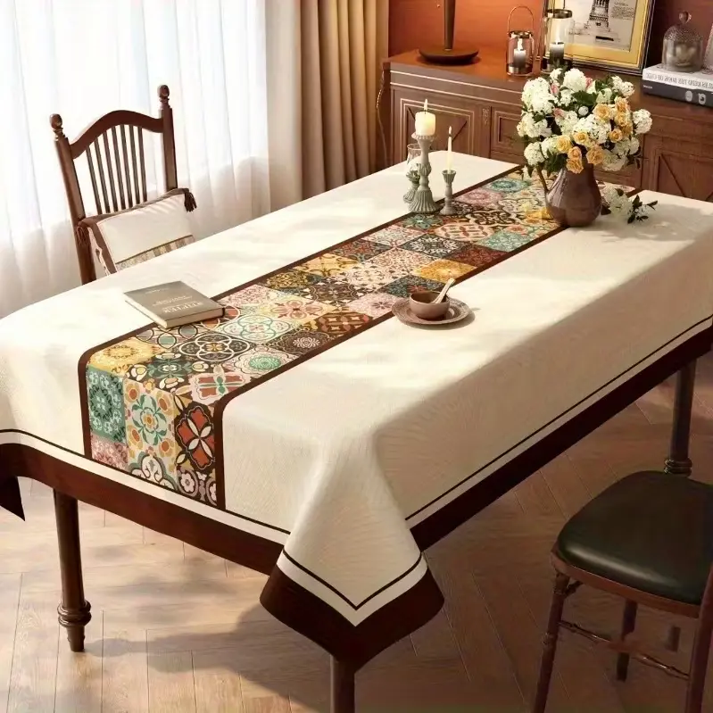 1 Moroccan-Style Rectangular Ethnic Pattern Polyester Tablecloth - Bohemian, Large Outdoor Option for Home Dining/Patio Use, Durable Thanksgiving/Christmas Decoration, Bohemian Tablecloths, Large Outdoor Tablecloths