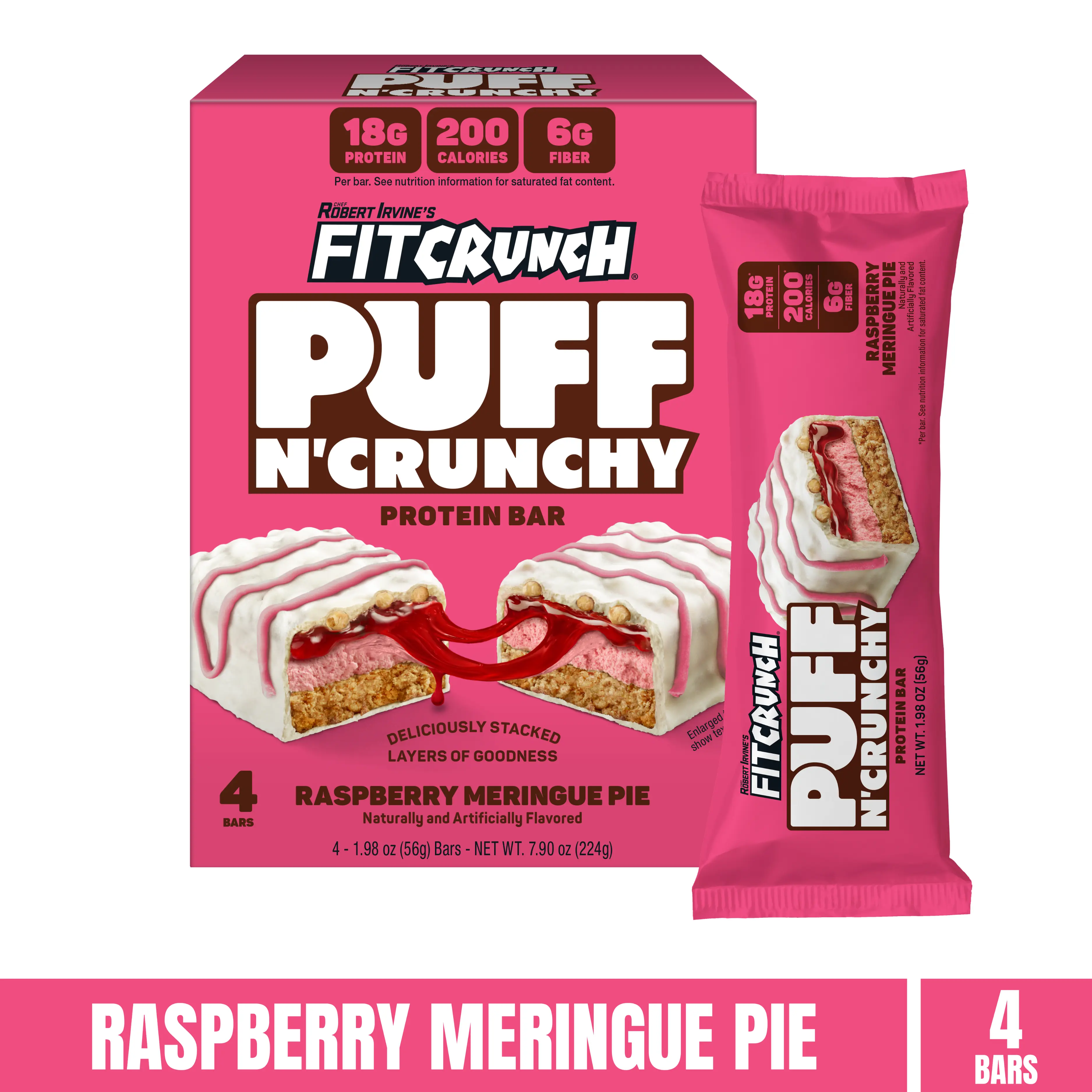 FITCRUNCH New Puff N’ Crunchy Protein Bars, Light Airy Marshmallow Puff Texture, 18g Protein, 6g of Fiber, Low Sugar, 200 Calories (4 Bars, Raspberry Meringue Pie)