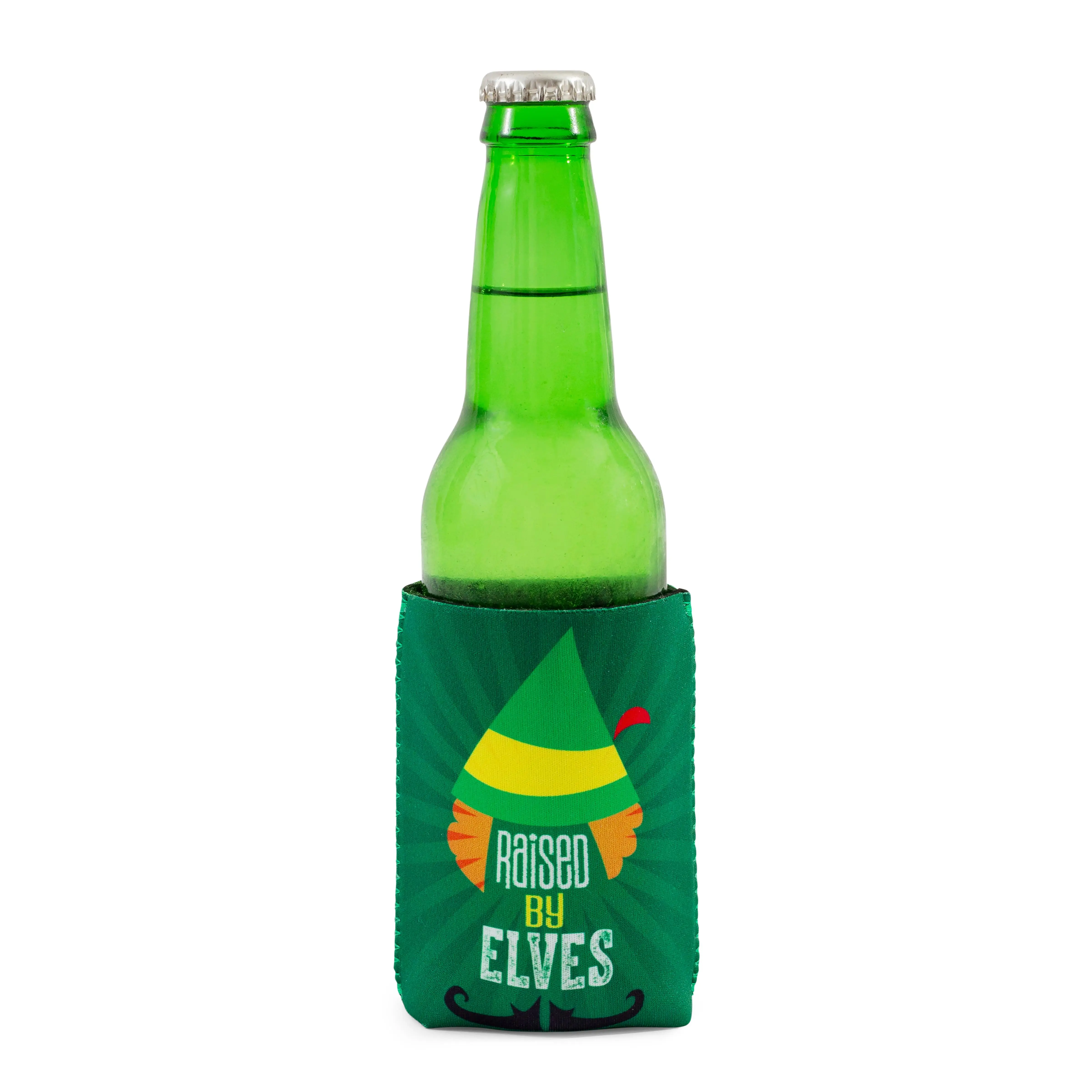 Elf "Raised By Elves" Insulated Neoprene Drink Can Hugger - Portable Drink Holder, Fun Halloween Kitchenware Accessory for Adults, Outdoor Use, Drink Holders