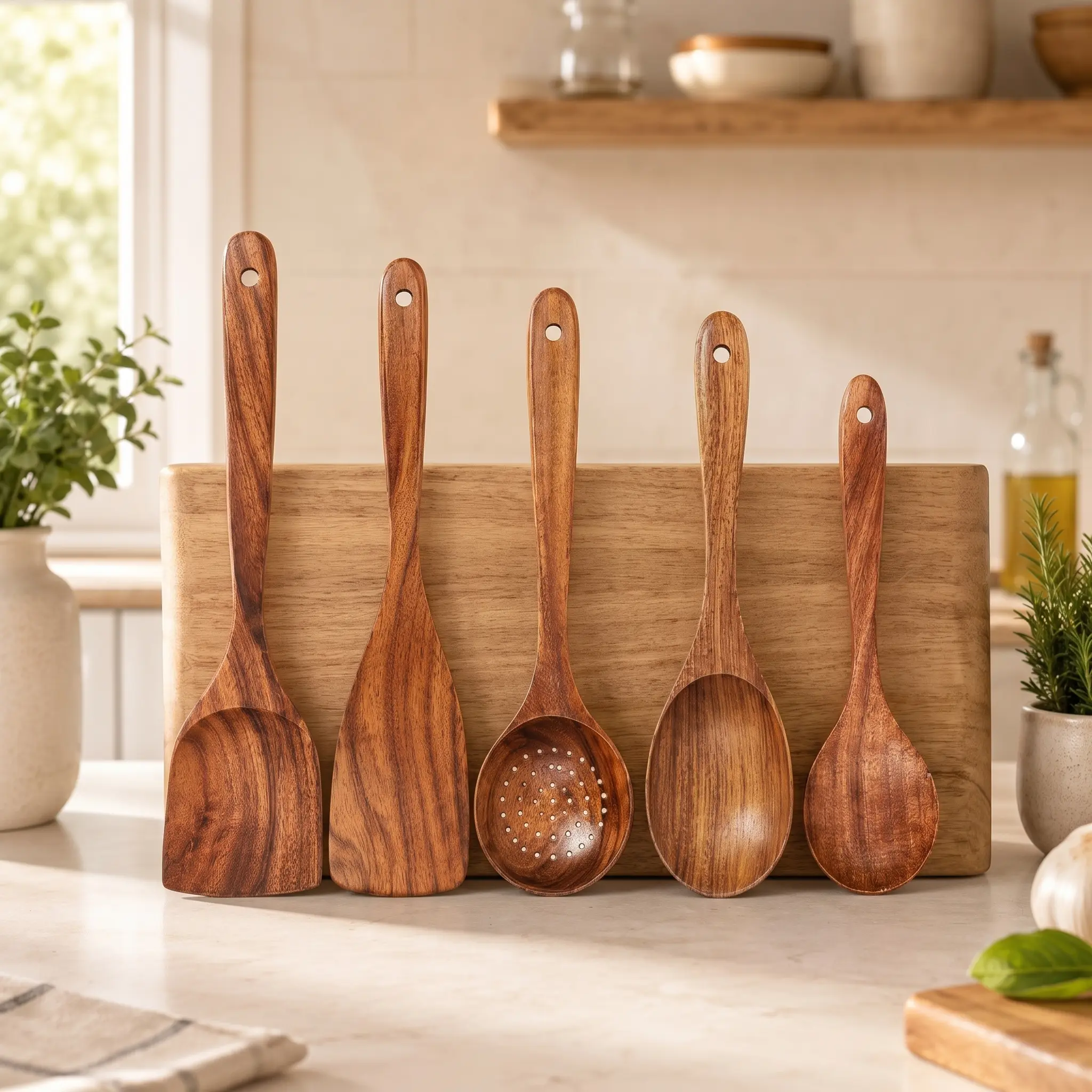 5-Piece Teak Wooden Spoons Kitchen Utensils Set - Smooth Finish, Soft Comfort-Grip Handles, Non-Stick Cooking Tools, Wood, 5‑Spoon Set Ready