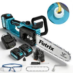 Fotrix 12-Inch Brushless Lithium Battery Chainsaw Dual Battery Professional Kit with Safety Gear and Maintenance Tools outdoor cordless chain efficient wood cutting Chainsaw with Auto Lubrication