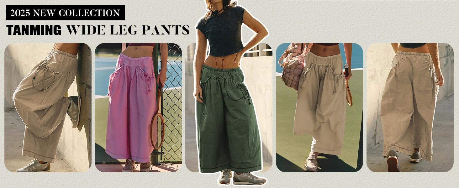 Tanming Women's Wide Leg Track Pants Spring Drawstring Pockets Loose Fit Elastic Waist Capri Hiking Parachute Pants Casual for Hyrox #SpringStatements