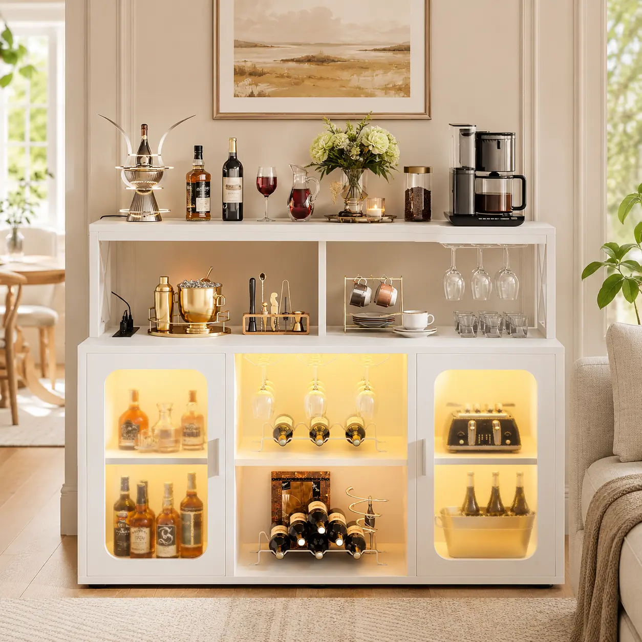 Homieasy Wine Bar Cabinet with Power Outlet, Liquor Cabinet with Led Lights and Glass Holders, Storage Buffet Cabinet Coffee Bar Cabinet for Liquor, Wine Cabinet with Racks for Kitchen, Home