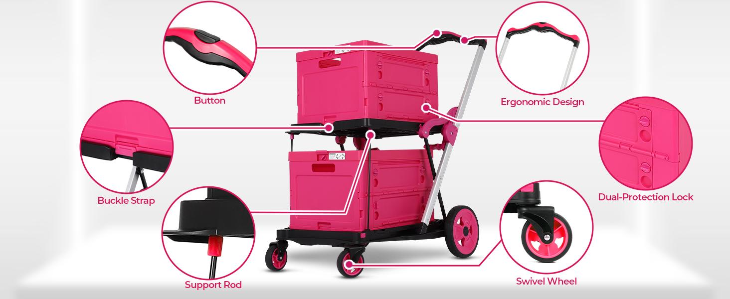 (Double frame)Foldable Utility Cart with Wheels,2 Layers Multifunctional Folding Cart for Cosmetic Organizer,Grocery,Office,Warehouse,Garden, Double Layers Foldable Shopping Cart,Folding Trolley for Luggage Heavy duty (Blue/RED/PINK/Purple)