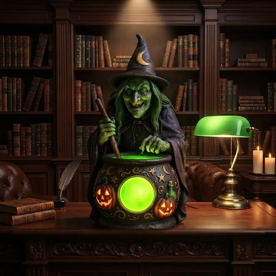 Spooky Witch Stirring Cauldron Figurine - Light-Up Glowing Green Potion Halloween Decoration with Pumpkins and Wizard Hat, Creepy Tabletop Statue for Indoor Home Living Room Party Prop and Fall Season Haunted House Decor Enthusiasts