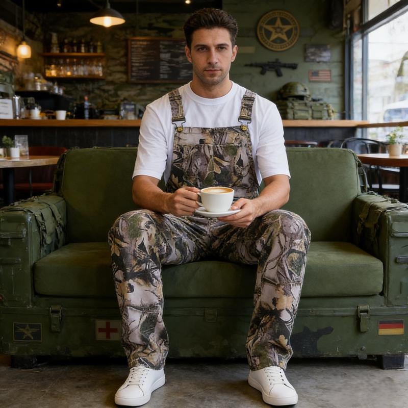 Yuanbang Stretchy Men's Camo Overalls Denim Spring Hunting Bib Turkey Season Gear Outdoor Workwear Fashion Pattern Coveralls Y2k Menswear Daily Outfits Camouflage Romper Country Stuff Clothes Adjustable Straps Jumpsuit Casual Pants Valentine's Gifts