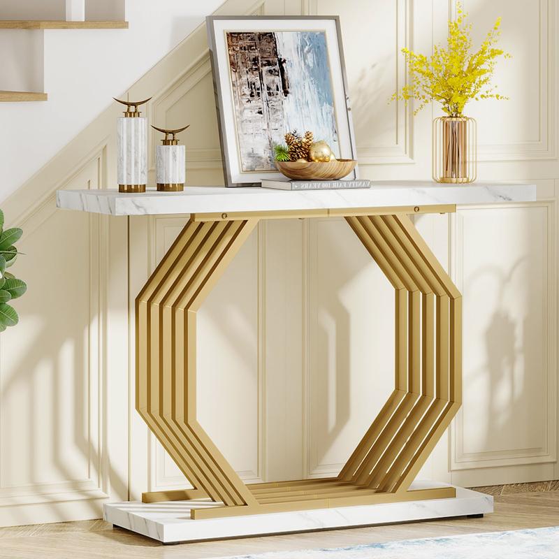 Spaco Gold Console Table, Faux Marble Entryway Table Narrow Sofa Table with Geometric Metal Base, 40 Inch Modern Accent Table Entrance Table for Living Room, Hallway, Foyer