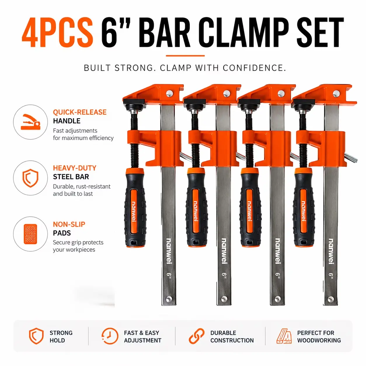 4 Pieces 6-Inch Heavy Duty F Bar Clamp Set, Quick Release Woodworking Clamps with Anti-Rust Processing, Non-Slip Soft Pads for Cabinet Assembly, Chair Repair, Carpentry DIY Projects