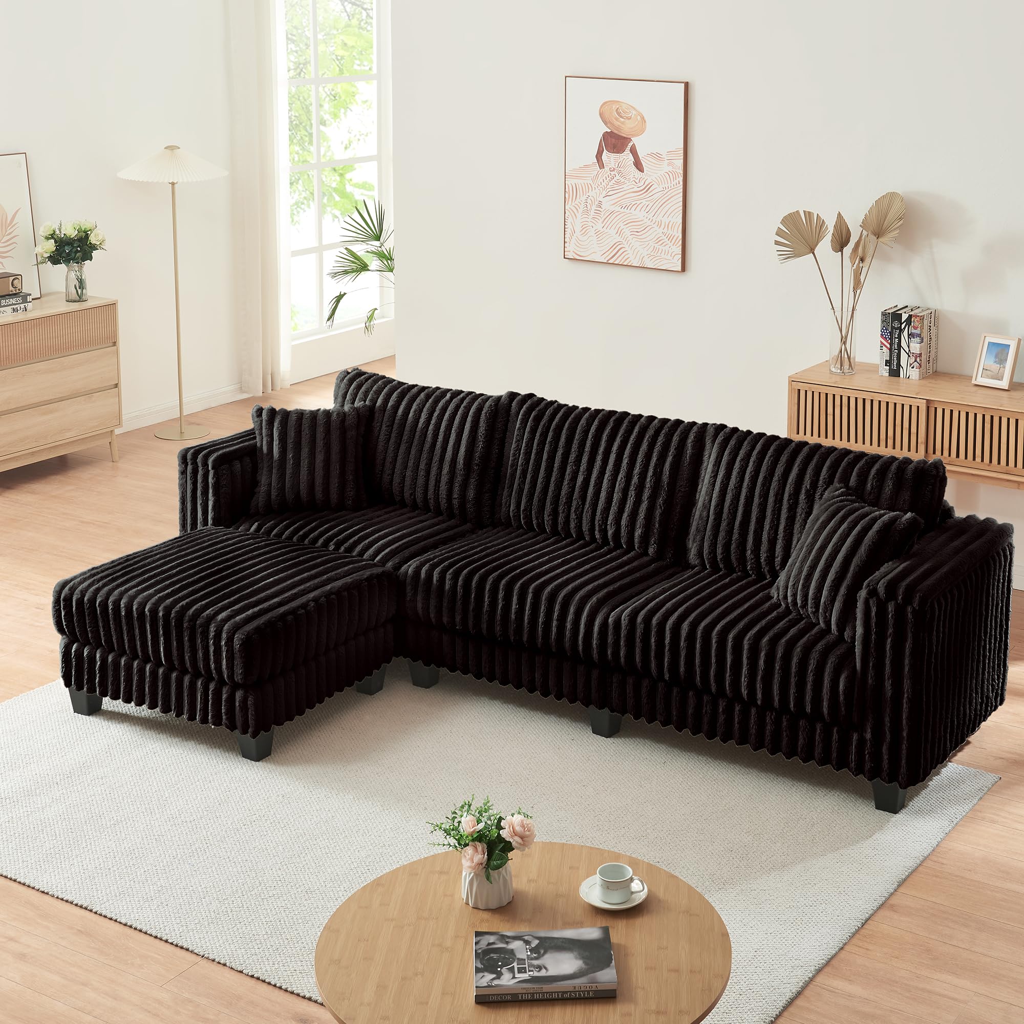 【2 Packages Shipping】Giratree 137" Plush Corduroy Cloud Velvet Modular Couch with Chaise, No Assembly Required L-V-U Shaped Sectional Sofa Set with Flexible Configuration
