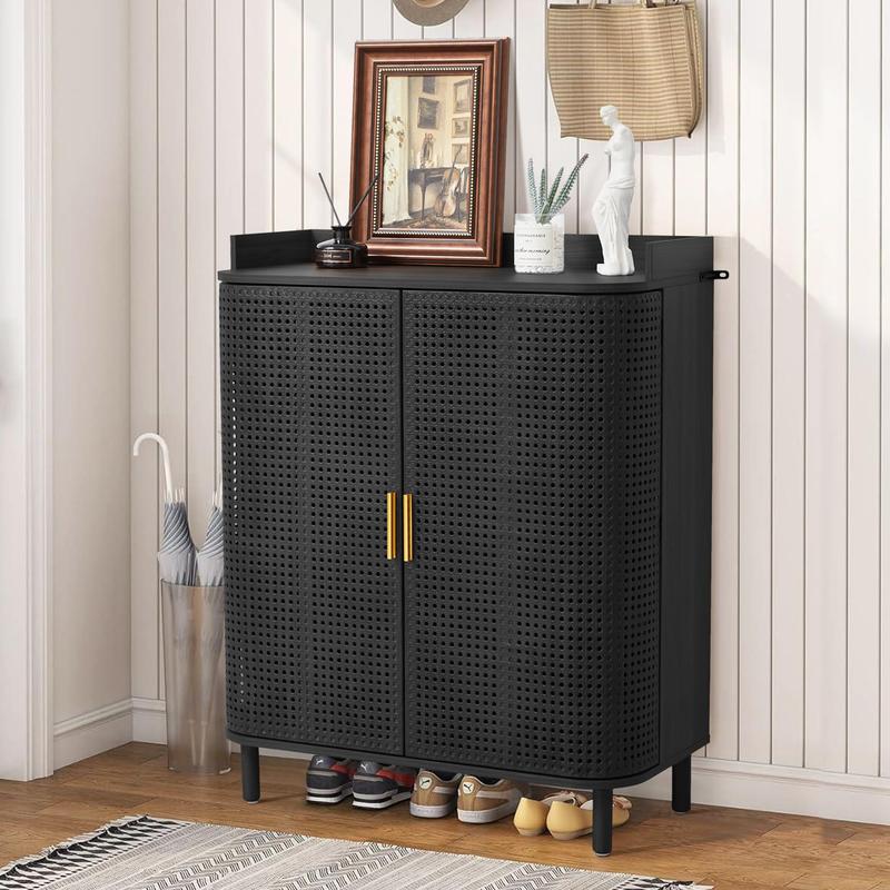 Giratree Shoe Cabinet, 5 Tier Boho Wooden Shoe Storage Organizer Cabinet with Adjustable Shelves, Shoes Rack with Iron Rattan Curved Doors Accent Cabinet for Entryway Hallway Living Room