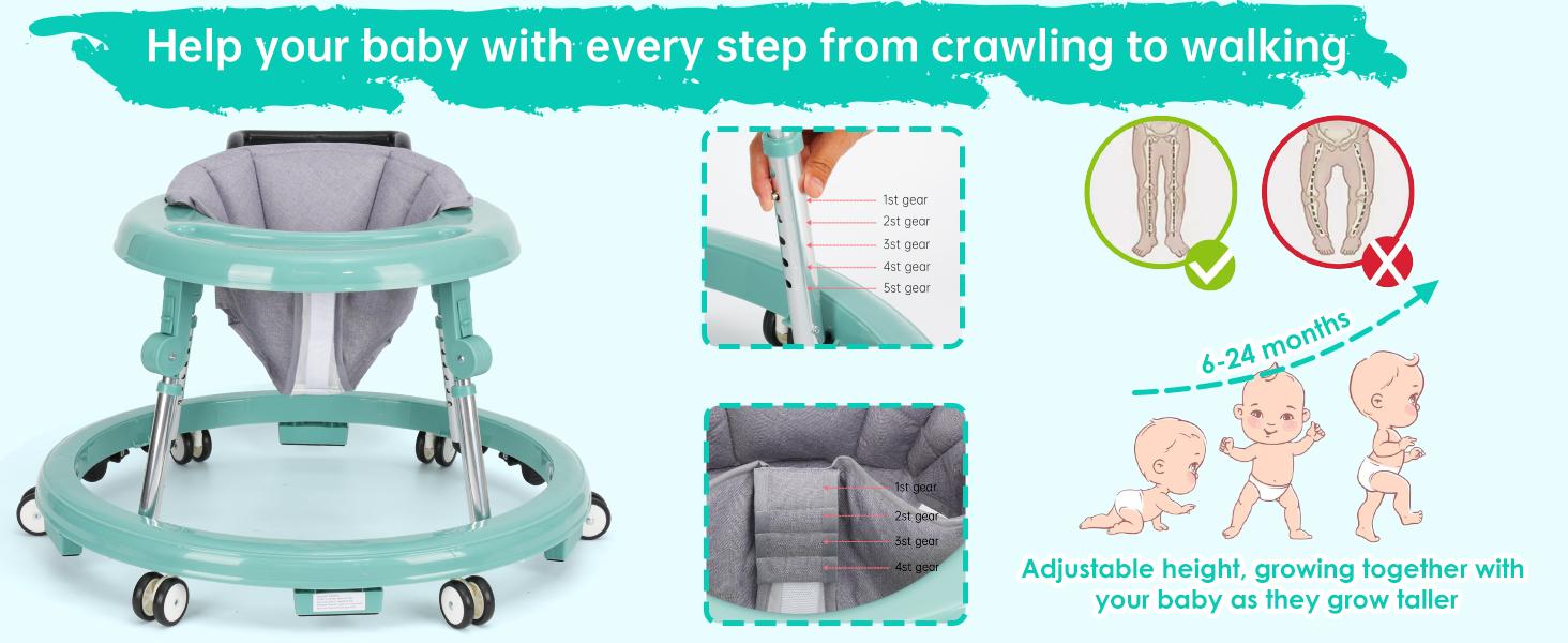 Baby Walker Foldable with 9 Adjustable Heights, 7-18 Months Baby Walkers, with Wheels Portable Anti-Rollover, Rolling portable design, Anti Fall Walker,summersale