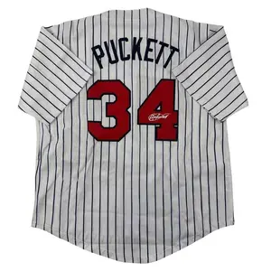 Autographed Kirby Puckett Minnesota Baseball, White Pinstripe Jersey Number 34 Signed in Red, Perfect Gift for Collectors