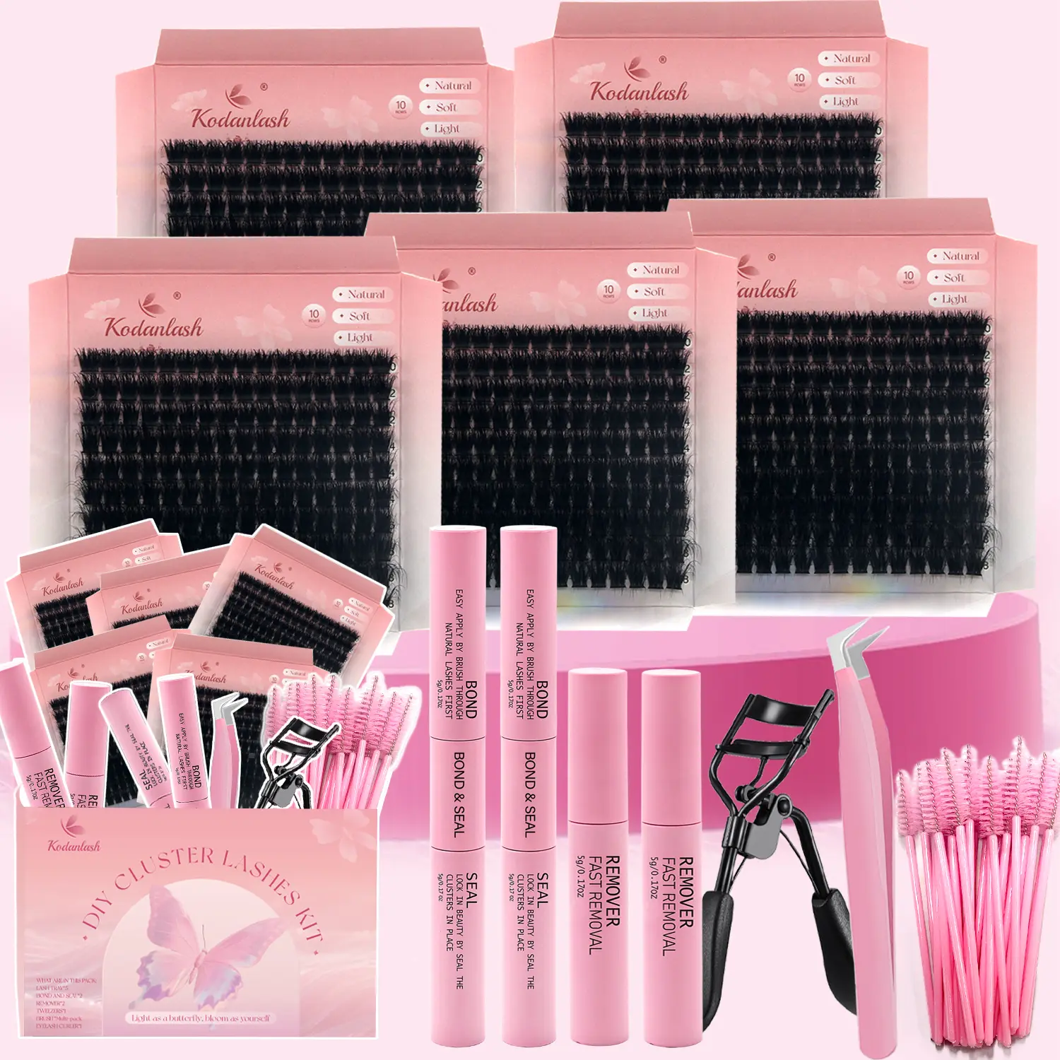 Eyelash Clusters Kit Beauty Products - 5 Pack (120D, 100D, 80D) with Bond, Seal, Remover, 30 Spoolie Brushes, 1 Eyelash Curler, 1 Precision Tweezers | Waterproof, Dramatic, DIY Options for Natural Daily Makeup Cosmetic Use, Eyelashes Clusters Kit, Lash Cl
