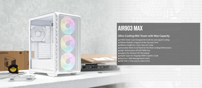 Montech AIR 903 MAX, E-ATX Mid Tower Case, High Airflow, 3x 140mm ARGB PWM & 1x 140mm PWM Fans Pre-installed, Tempered Glass Side Panel, Mesh Front, TYPE-C, Support 4090 GPUs, White