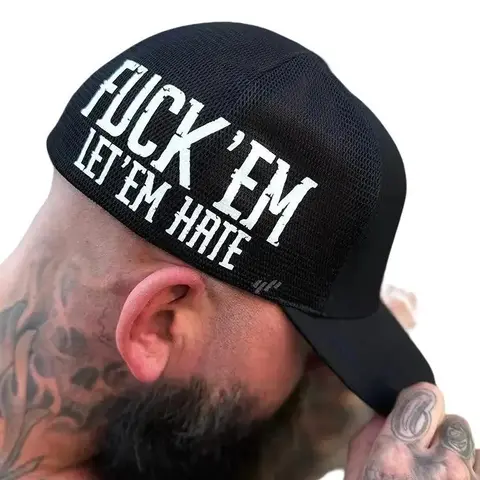 The Drive Clothing 'FK EM HATE' Black Flexfit Fitted Baseball Hat - Men's Trendy Hip Hop Cotton Beach Accessory, White Font, Original Flexfit Tech, Heather Jersey Front, Soft Mesh Back, Structured 5-Panel Mid Profile, Lightweight Casual Urban Style