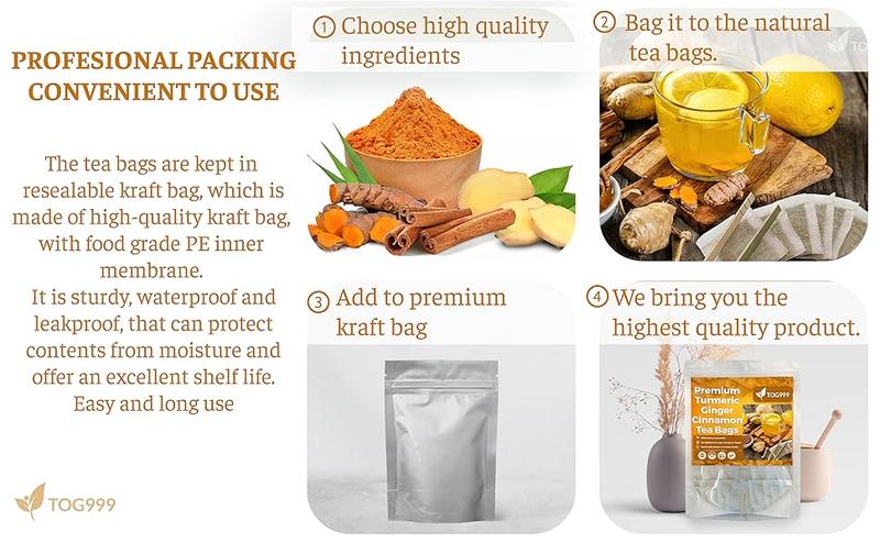 Turmeric Ginger and Cinnamon Tea, 100% Natural, Anti-Inflammatea. 100% handmade, Eco-conscious Tea Bags. No Sugar, No Caffeine, No Gluten, Vegan.
