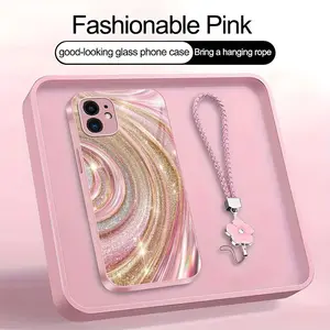 Luxury Rose Gold Swirl Phone Case with Flower Lanyard, Glitter Pink Art Aesthetic Cover for iPhone 11 ---975