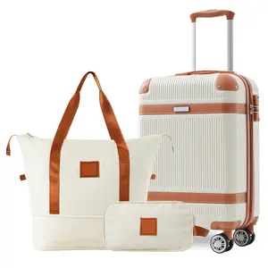 3-piece set of light luxury beige luggage, hard shell 20 inch boarding case, smooth rotating wheels+TSA lock anti-theft, ABS lightweight and durable resistant, fully compatible with business travel and commuting
