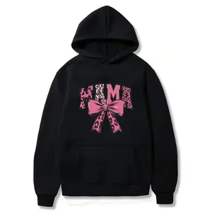 Women's Loose Printed Hoodie - Black with Pink Leopard Bow Design, Soft and Stretchy Casual Hoodie, Mother's Day Gift, Comfortable for All Seasons
