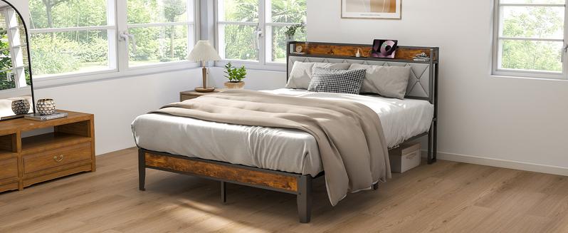 Bed Frame with Headboard,Spacious Underbed Storage,Integrated Charging Station,Durable Squeak-Free Frame,Simple No-Tool Assembly,Works with Full Mattress No Box Spring Required