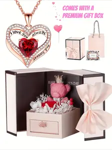 【Perfect Valentine's Gift】Heart Shape Necklace with Rose & Bear Box - Girlfriend Anniversary Jewelry for Her, Romantic February 14 Gift for Wife, Women, Mother's Day Gift Idea