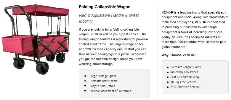 VEVOR Extra Large Collapsible Garden Cart with Removable Canopy, TikTokShopBlackFriday, Folding Wagon Utility Carts with Wheels and Rear Storage, Wagon Cart for Garden, Camping, Grocery Cart, Shopping Cart