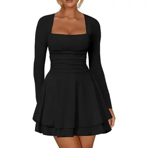 Women's Square Neck Ruffle Hem Mini Dress Ruched Waist Long Sleeve Corset Short Party Dresses