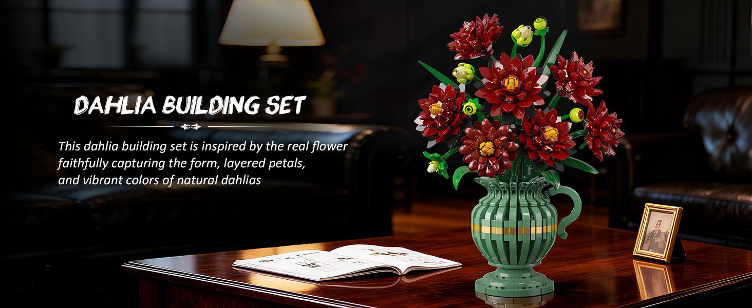 Black Dahlia Flowers Bonsai Building Set, Botanical Collection