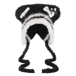Gothic Harajuku Bear Ear Knit Hat – Y2K Punk Winter Beanie for Women, Faux Fur Trim, Fleece Lined, Chain & Bone