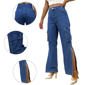 Women's High Waisted Cargo Wide-Leg Jeans - Dark Wash Side Slit Utility Denim Pants