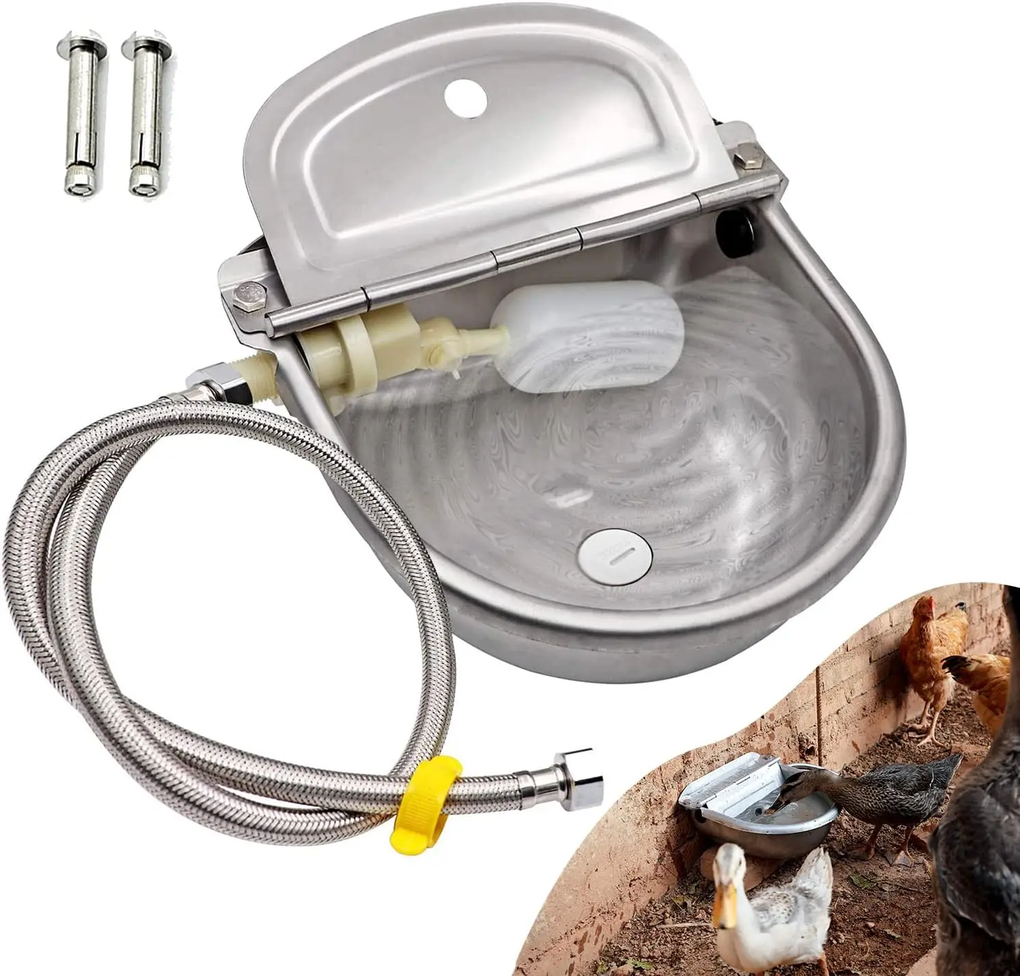 Stainless Steel Auto-Fill Water Feeder with Float Valve - Heavy Duty Solid Metal Tool for Dogs, Poultry, Indoor-Outdoor Use, Stainless Steel Bowls or Hose Kit Options